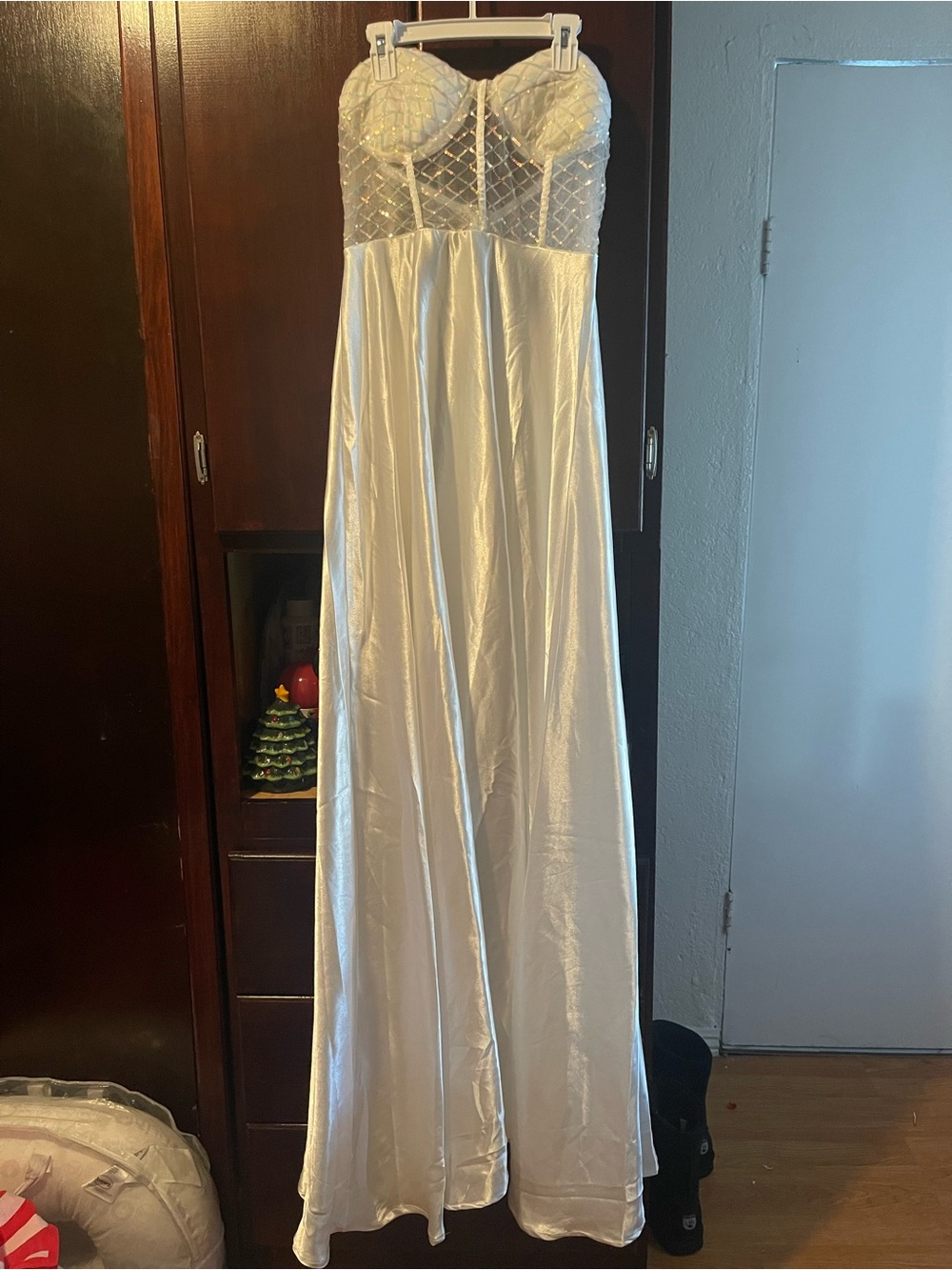 Fashion Nova Strapless White Satin Evening Dress with Beaded Bodice
